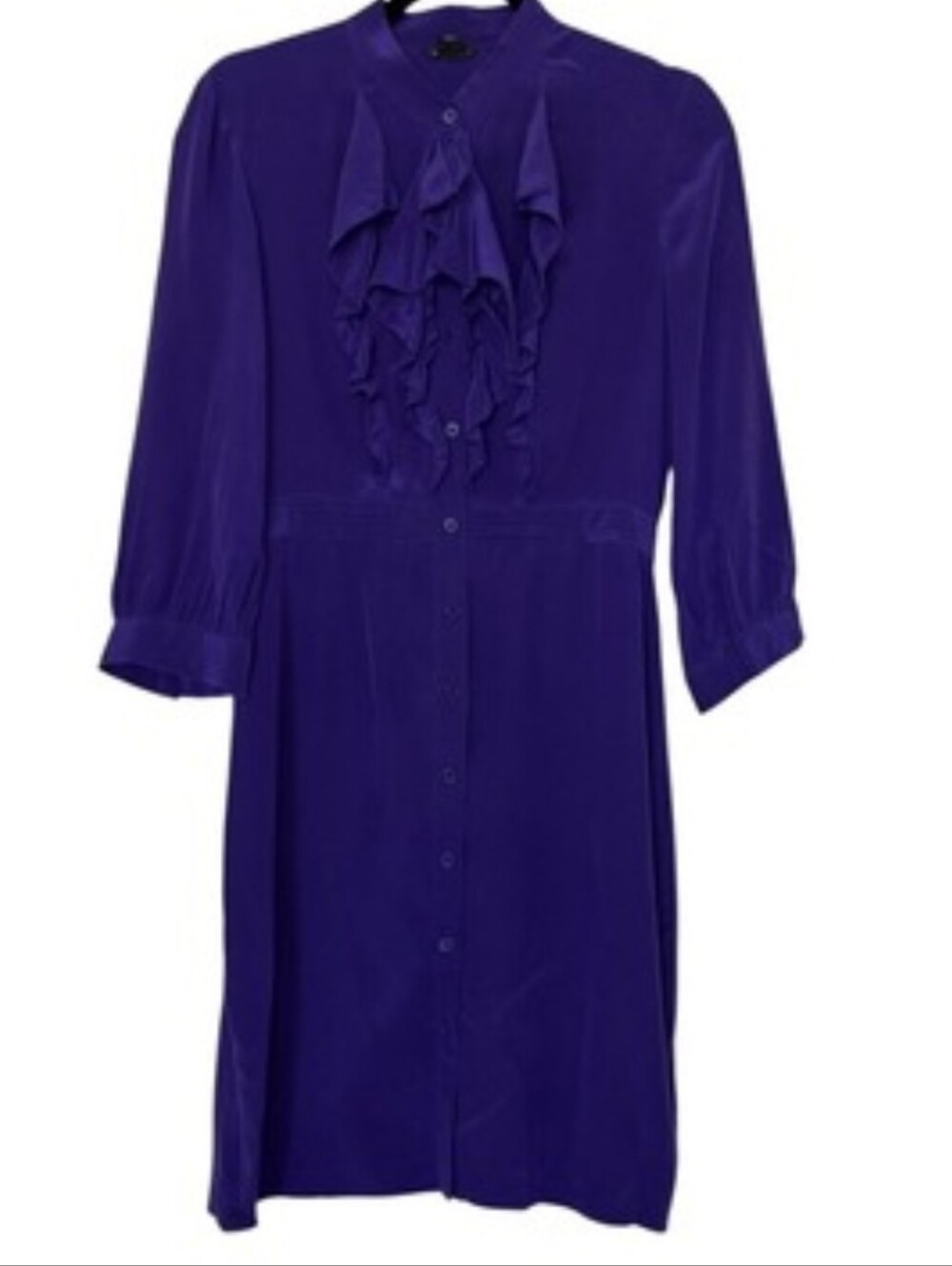 Club Monaco Purple 100% Silk Ruffle Front Button Down Shirt Dress Retro Vintage